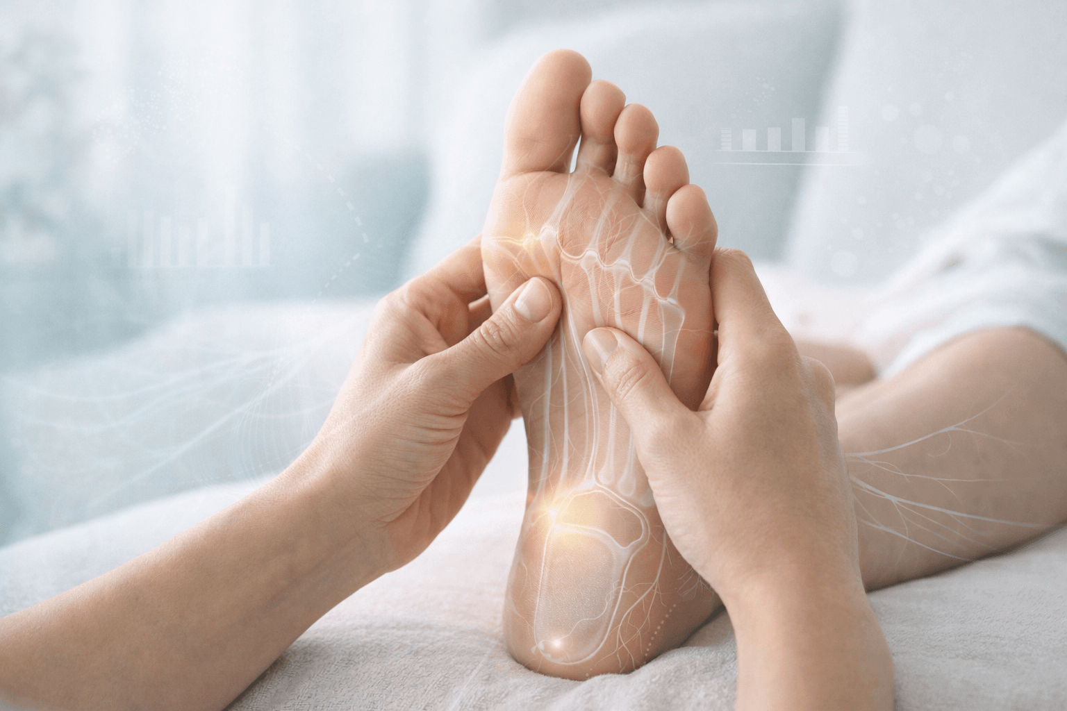 Fußsohle wird mit Daumen gedrück und Fußreflexzonen stimuliert