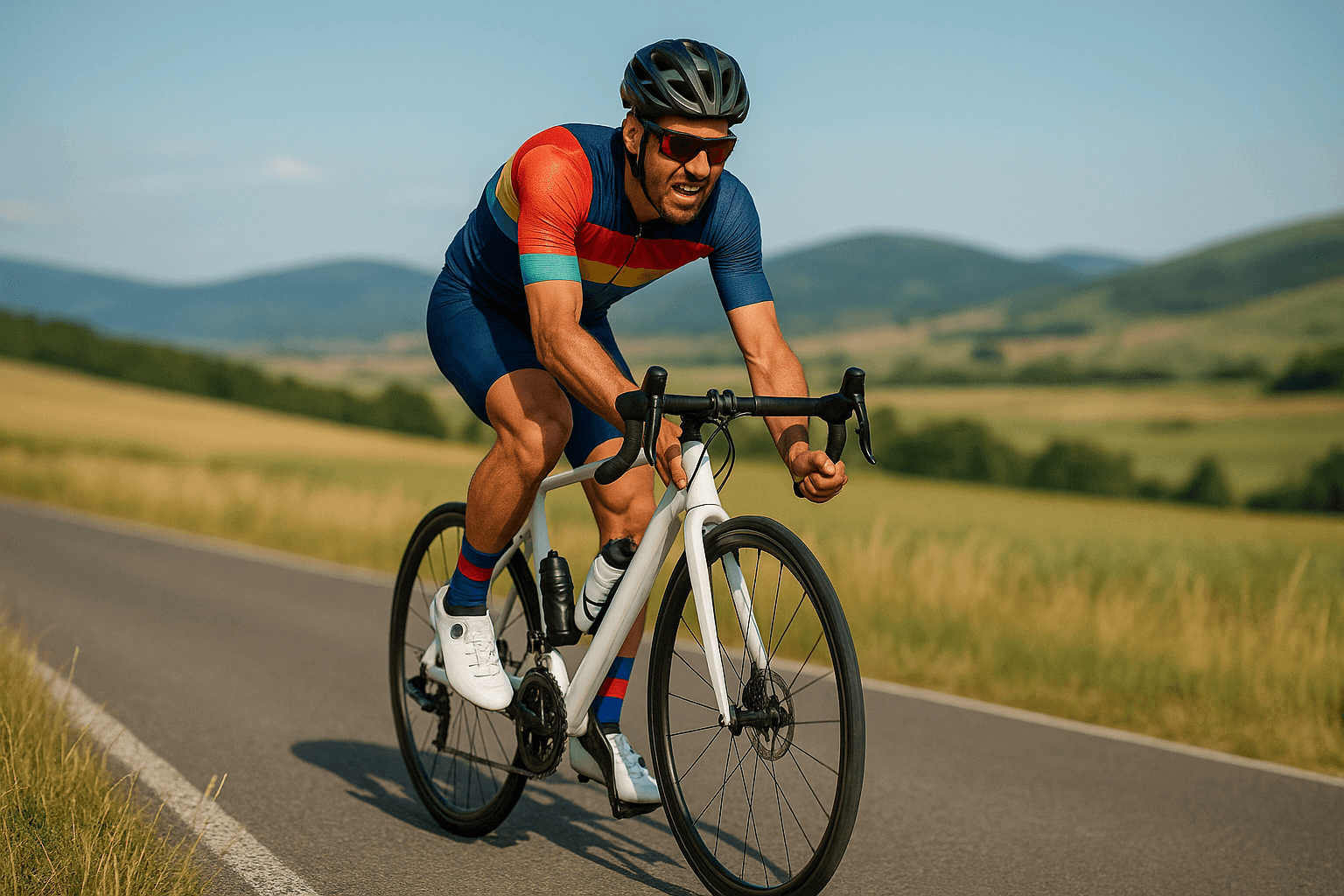 Radfahrer mit verzerrtem Gesicht und tauben Füßen