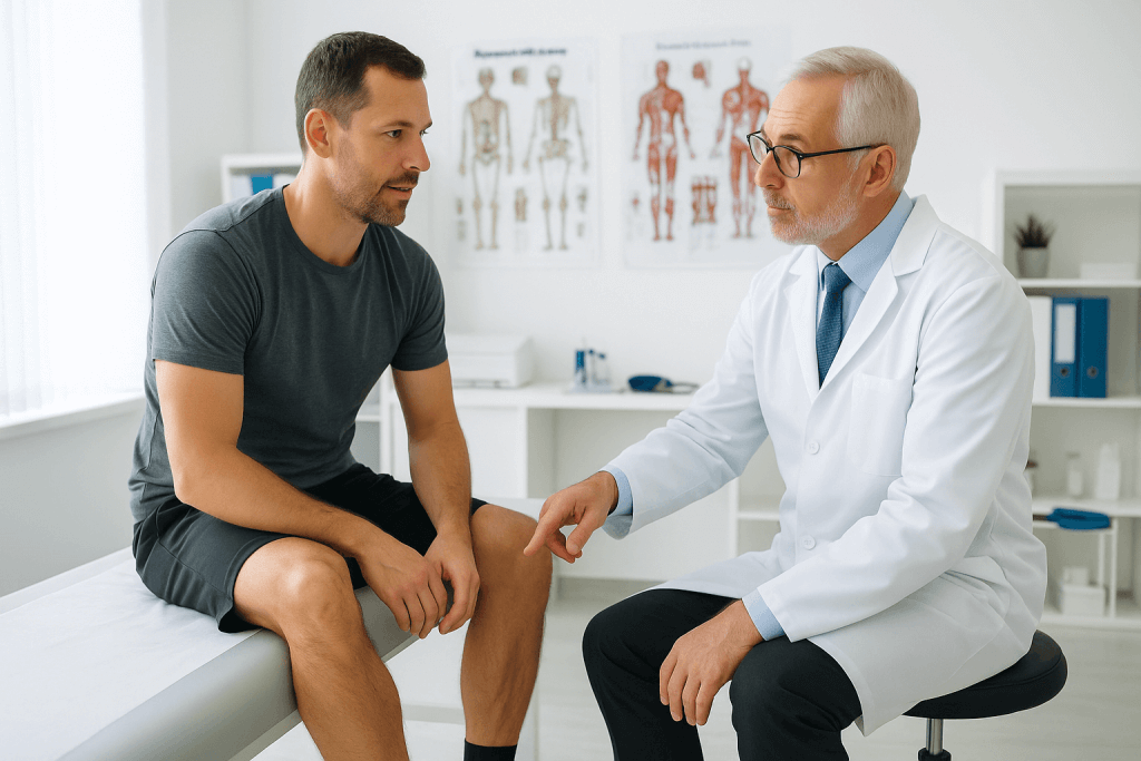 Ein Arzt klärt einen Patienten über Teilriss und kompletten Achillessehnenriss auf