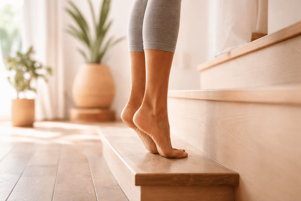 Achillessehne Übungen: Exzentrische Fersenabsenkung auf Holztreppenstufe — Full Balance