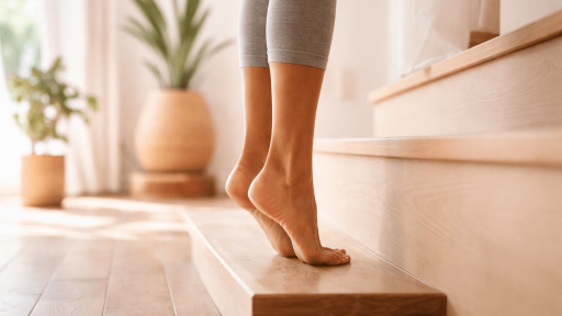 Achillessehne Übungen: Exzentrische Fersenabsenkung auf Holztreppenstufe — Full Balance