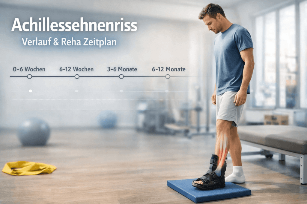 Mann steht mit Orthese nach Achillessehnenriss im Gym und denkt über den Verlauf und Zeitplan seiner Reha nach