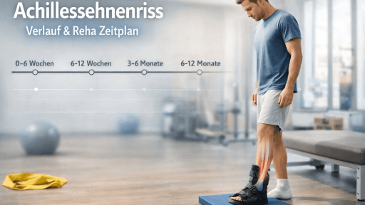 Mann steht mit Orthese nach Achillessehnenriss im Gym und denkt über den Verlauf und Zeitplan seiner Reha nach