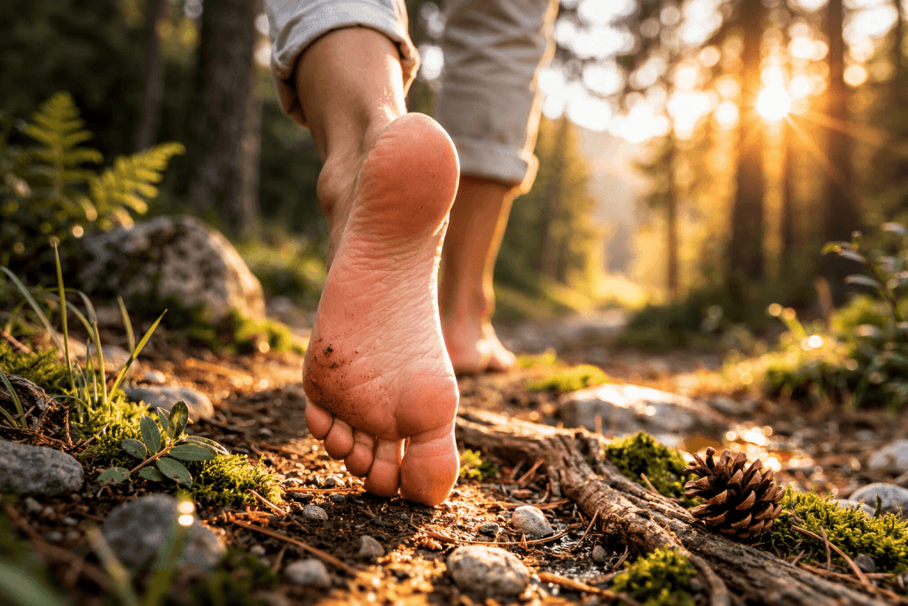 Fußsohle sichtbar, Person geht Barfuß durch den Wald und stimuliert so natürlich die Mechanorezeptoren auf der Fußsohle
