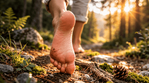 Fußsohle sichtbar, Person geht Barfuß durch den Wald und stimuliert so natürlich die Mechanorezeptoren auf der Fußsohle